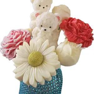 Handmade Flower Candle with Adorable Bear and Vibrant Floral Arrangement for Aesthetic Appeal