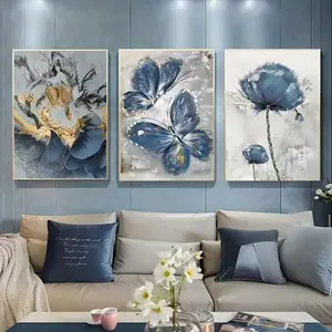 3pcs Luxury Floral Abstract Design Butterfly Print Wall Art, Living Room Bedroom Decor, Office Oil Painting Canvas Poster, Unframed Fabric Paintings