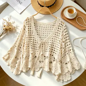 Women's Resort-Style Hollow-Out Crochet Knit Cover Up - Summer Flared-Sleeve Pullover with Tie, Loose Versatile Swimwear Surfwear Top