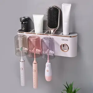 1 Wall-mounted Toothbrush Holder Set with Mouthwash Cup, No Need to Punch Holes, Automatic Toothpaste Dispenser, Wall-mounted Toothbrush Storage Rack, Bathroom Accessories, Plastic for Toothbrush, Toothpaste Tube and Mouthwash Cup