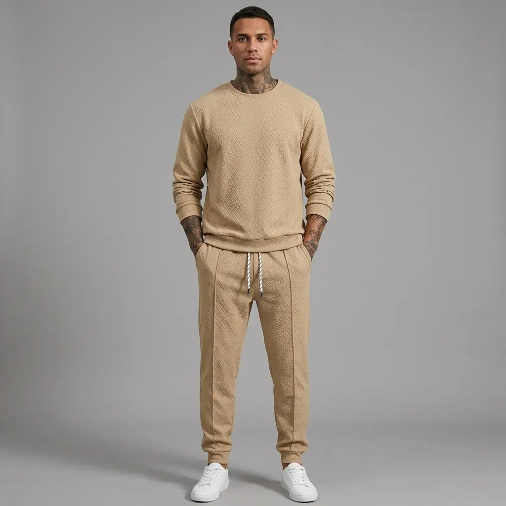 Men's Textured Knit Tracksuit Set, 2-Piece Athletic Wear with Long Sleeve Crew Neck Pullover and Jogger Pants, Basics, Male, Elastic Waistband, Polyester Blend, Casual, Cuff Sleeve, Drawstring, Hoodie/Jumper, Machine Washable, Layered Sets