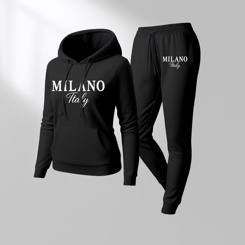 Women's MILANO Print Hoodie And Drawstring Track Pants Set, Casual Sportswear, Long-Sleeved Hooded Jacket And Pants, Suitable For Autumn And Winter, Everyday Wear, Indoor And Outdoor Sportswear, Casual Sportswear.