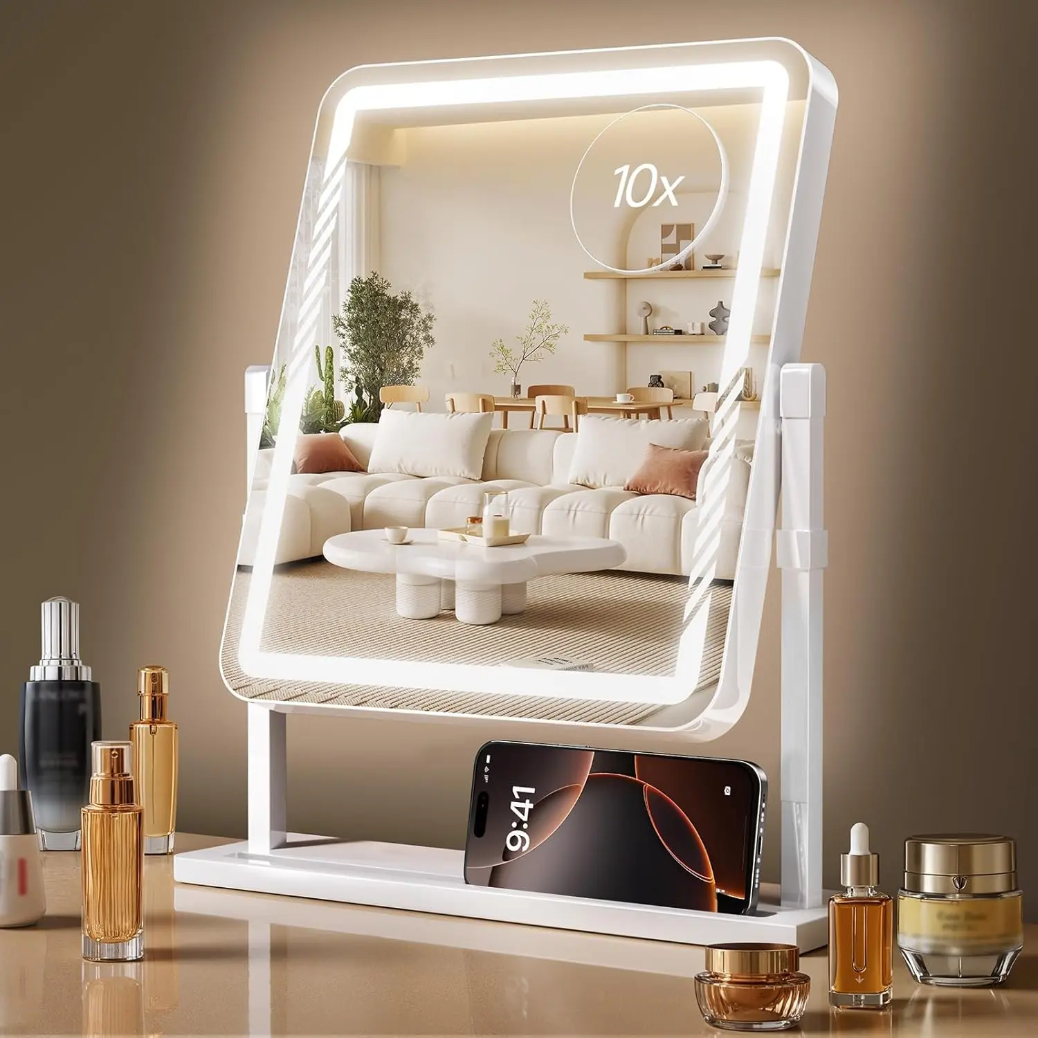 Makeup Mirror with Lights, Height-Adjustable & 360° Rotation, 1/10X Magnification, Three Color Lighting Modes, Vanity Mirror Smart Touch Control, Large Vanity Desk Mirror (17.5in,White)