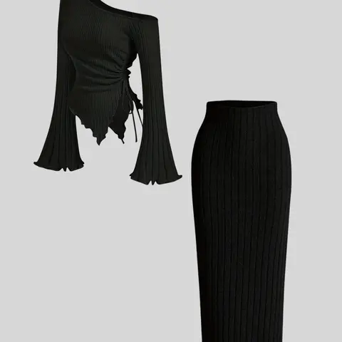 Elegant, comfortable and versatile irregular off-shoulder women's long sleeves and half-length top skirt suit