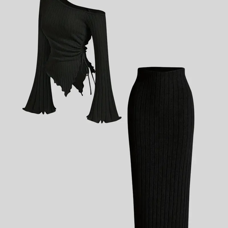 Elegant, comfortable and versatile irregular off-shoulder women's long sleeves and half-length top skirt suit