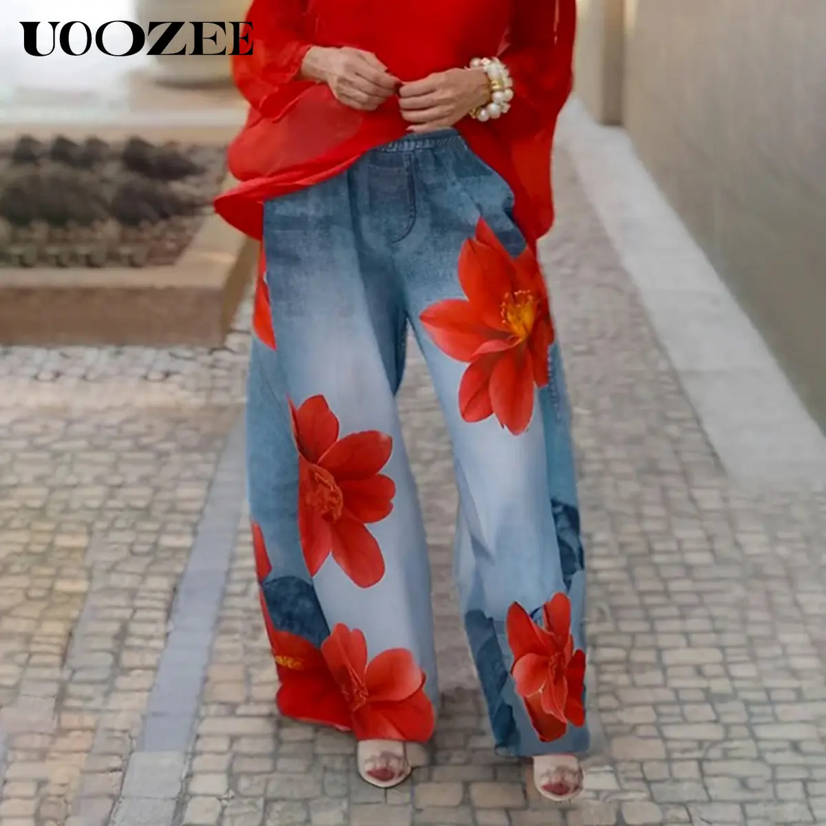 UOOZEE Women's Mid Waist Patterned Flowy Floral Colorful Print Casual Non-Denim Pants - Loose Wide Leg, All-Season Fit, Front Pockets, Mock Back Pockets, Valentine-Suitable (Note: Size Runs 1 Size Smaller), Patterned Pants, Flowy Floral Pants