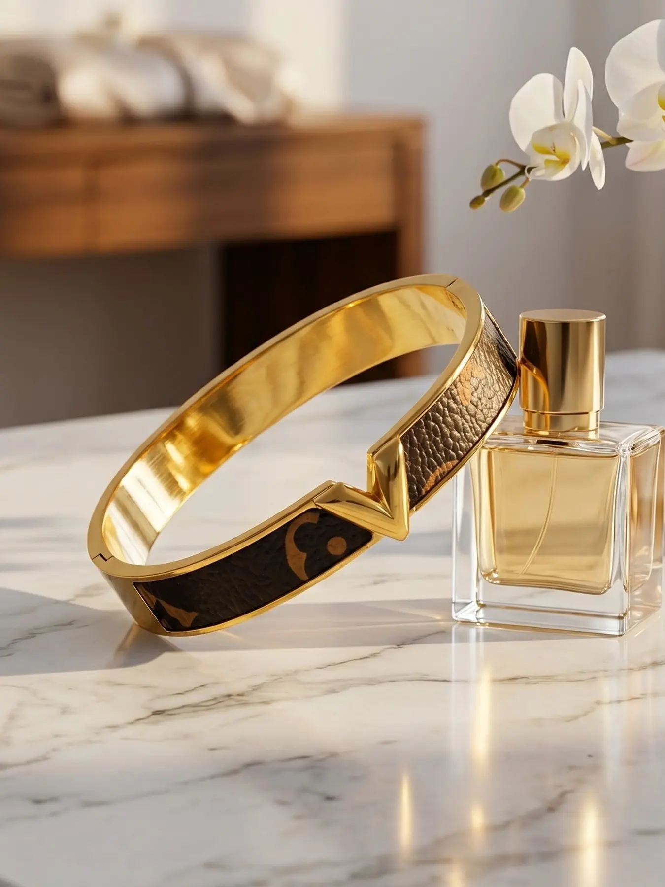 18K Gold Plated Monogram Leather Inlay Bangle, Luxury Designer Inspired Cuff Bracelet, Hypoallergenic Waterproof High Fashion Statement Jewelry, Elegant Daily Stackable Gift for Women, Exquisite Bracelet, Beautiful Bracelets