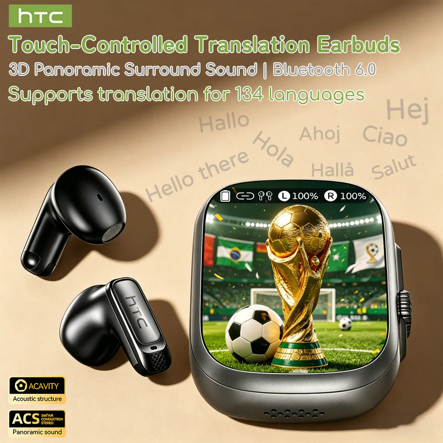 hTC NE72 AI Translator Earbuds with Touchscreen Case, No App Needed, Real-Time Language Translation, Bluetooth Wireless Earphones