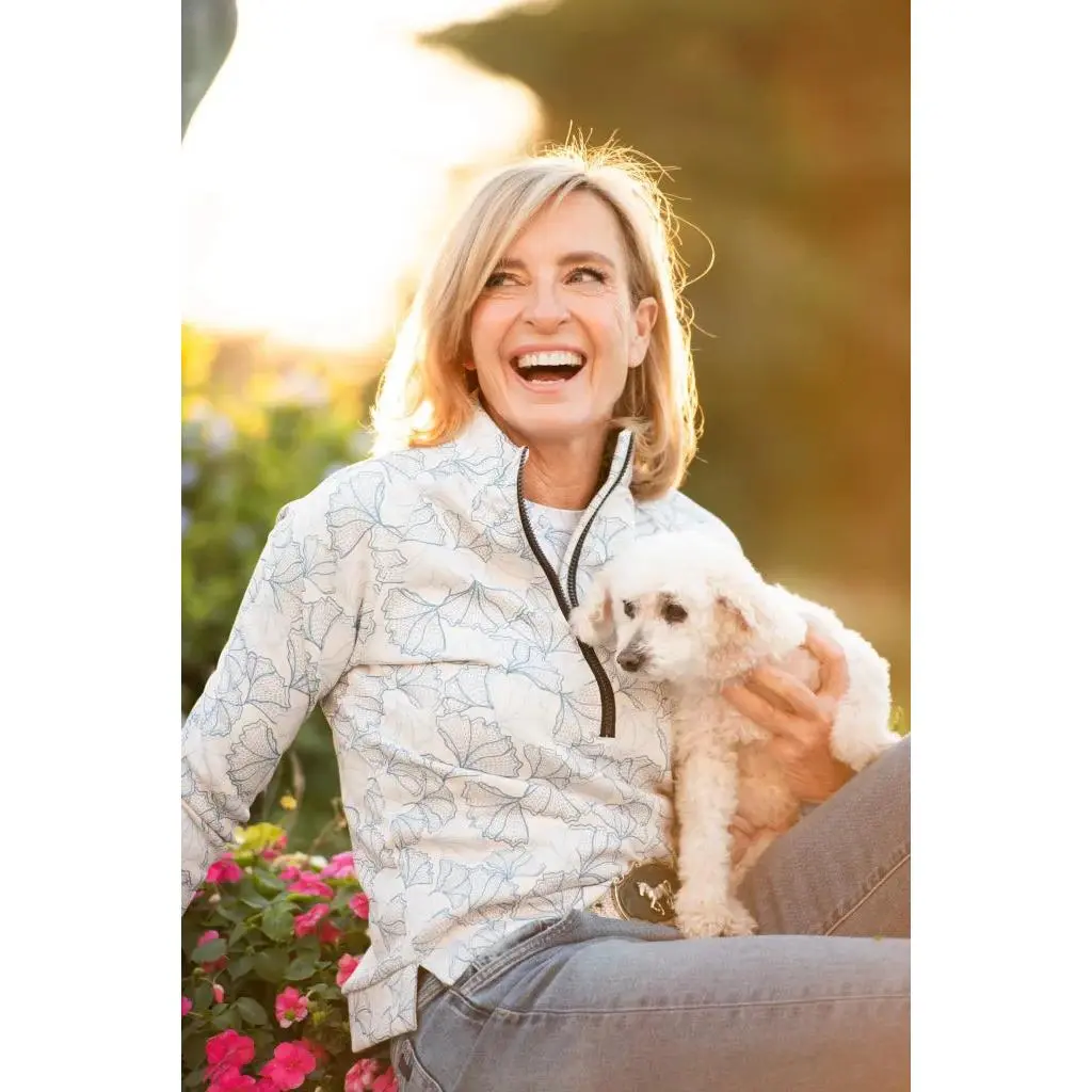 Chambray Blue Poppies ½ Zip Scuba Pullover
