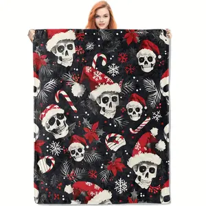 Christmas Skull Flannel Blanket, Soft Durable Warm, Indoor Outdoor Travel Bedroom Decor Gift, Halloween Christmas Gothic Flannel Blanket