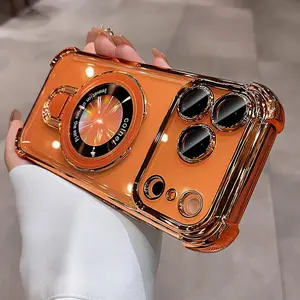 Fashion Four Corners Airbag Shockproof Electroplated TPU Cover iPhone Case with Magnetic Bracket Stand for iPhone 17 Pro Max Air Phone Cases,Smartphone 11-16 Series Anti-Drop Protective Casing Protector shockproof slim case