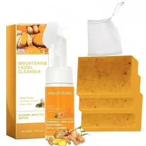 Organic Turmeric Cleansing Mousse & Soap Set, 1 Count Facial Cleanser & 1 Count Turmeric Soap, Gentle Brightening & Purifying Skincare, Herbal Natural Cleansers