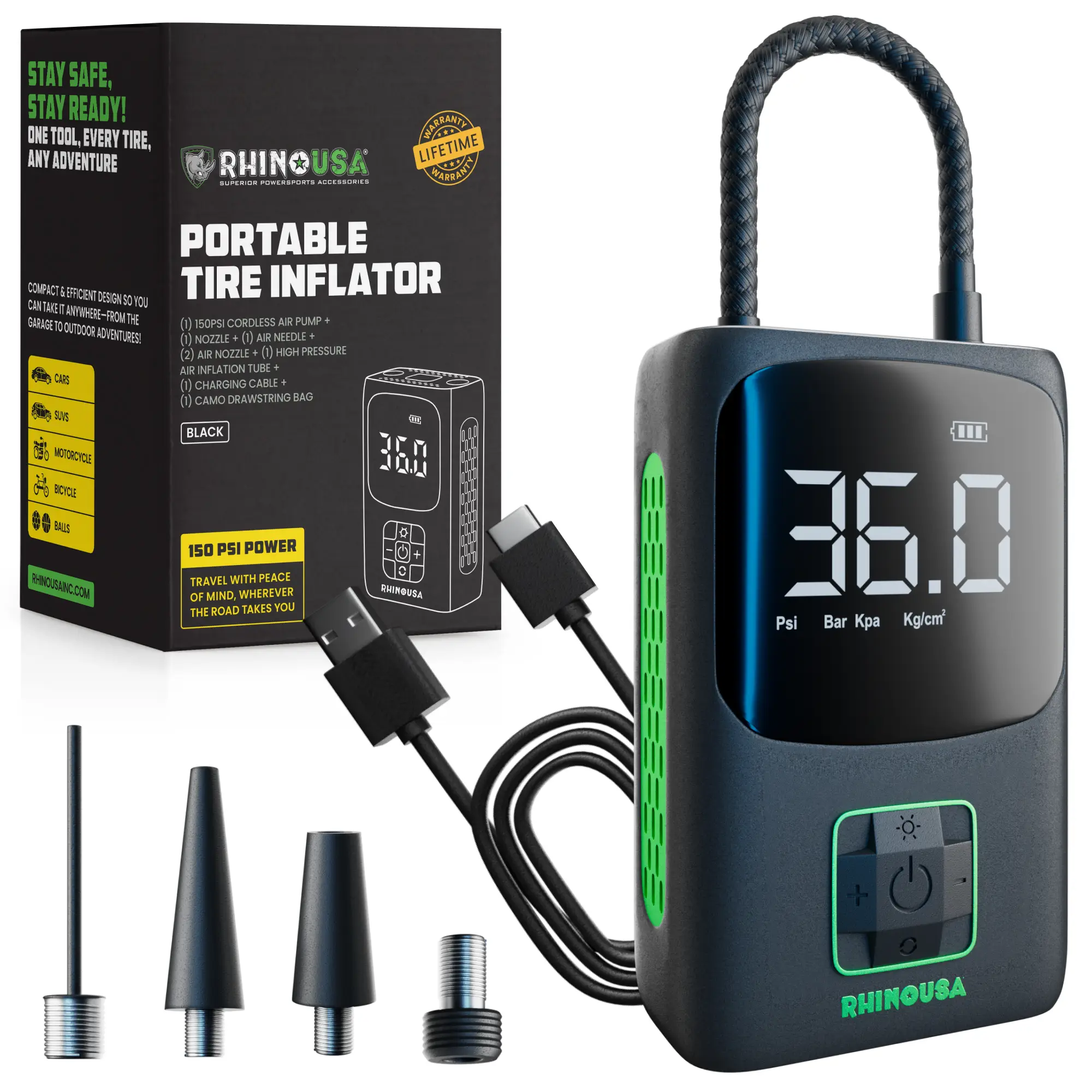 Rhino USA Tire Inflator Portable Air Compressor (150 PSI) Upgraded Air Pump for Car Tires with Digital Pressure Gauge