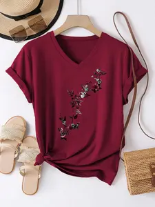 Women's Casual Retro V-Neck Short Sleeve T-Shirt, Floral Branch Print, Regular Fit, Spring Summer Fall, Fashion Women's Clothing, Top
