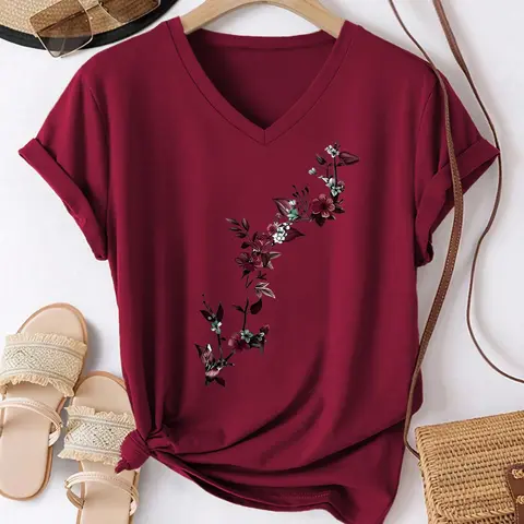 Women's Casual Everyday Retro Elegance V-Neck Short Sleeve T-Shirt, Floral Branch Print, Regular Fit, Spring Summer Fall, Fashion Women's Clothing, Top, Womenswear