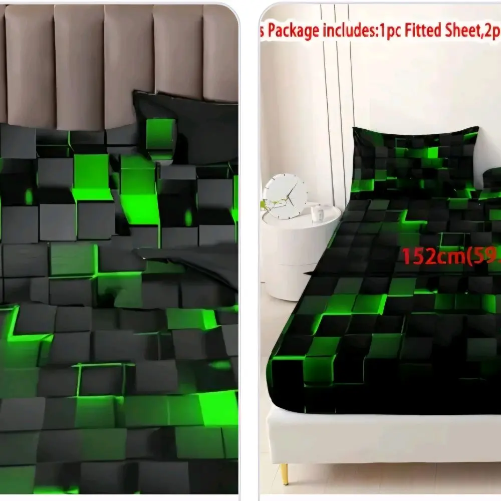 Geometry 3 Piece Bed Fitted Sheets set Twin size Green