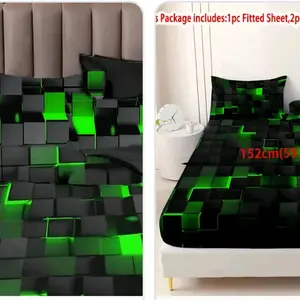 Geometry 3 Piece Bed Fitted Sheets set Full size Green