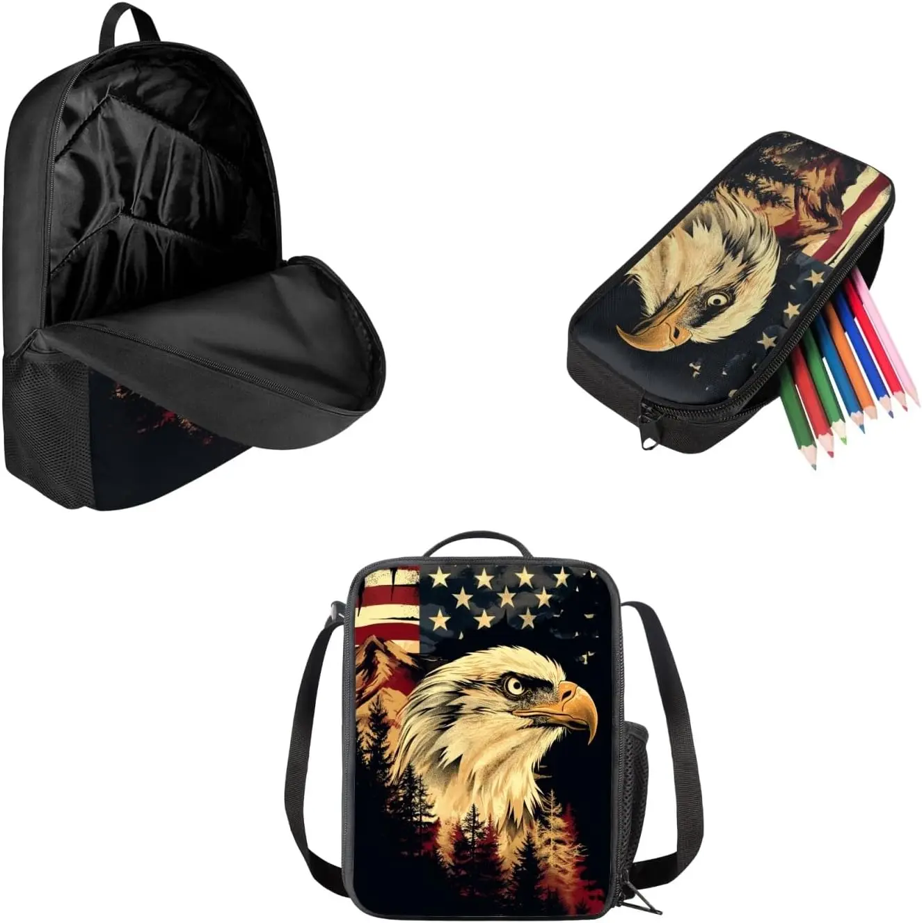Mumeson Cool Eagle Backpack Bookbag Lightweight Schoolbags for Kids Boys Girls Back to School Supplies 3 Pieces Set School Bags with Messenger Bag Lunch Tote Bags Small Pencase American Flag