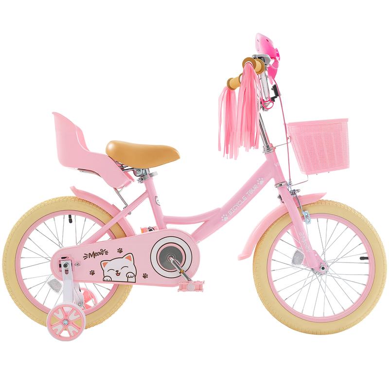 VEVOR Kids Bike,  16 Inches Princess Style Children Bicycle with Streamers & Basket, Rider Height 3.28 ft - 4.27 ft, Doll Seat & Training Wheels Included, Toddler Bike for Girls Learning to Ride, Pink