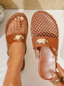 Women's Fashionable Mesh Fishnet Mule Shoes, Casual Comfortable Breathable Hollow Out Slip-On Flat Toe Sandals, Lightweight Stylish Leopard Print Ballet Style Slippers for Spring Summer Daily Wear, Girl, Casual Flats