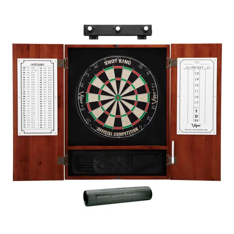 18” Classic Wood Cabinet Dartboard Set - Wall-Mountable with Mounting Hardware, Dry Erase Scoreboard, 18” Sisal Fiber Board, LED Lights, Padded Floor Protector Mat, Rounded Galvanized Spider, Self-Healing Fibers