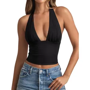 Women's Plunge Neck Backless Shirts Double Lined Halter Tank Tops Y2k Cute Summer Trendy Sleeveless Crop Tops for Summer Wear
