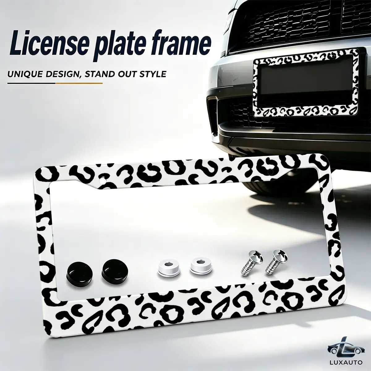 White and Black Leopard Print Decorative Aluminum License Plate Frame, Universal 12.2 x 6.3 Inch Car License Plate Holder with Screws & Caps, Rust-Proof Metal License Plate Cover, Car Accessories for Women & Men