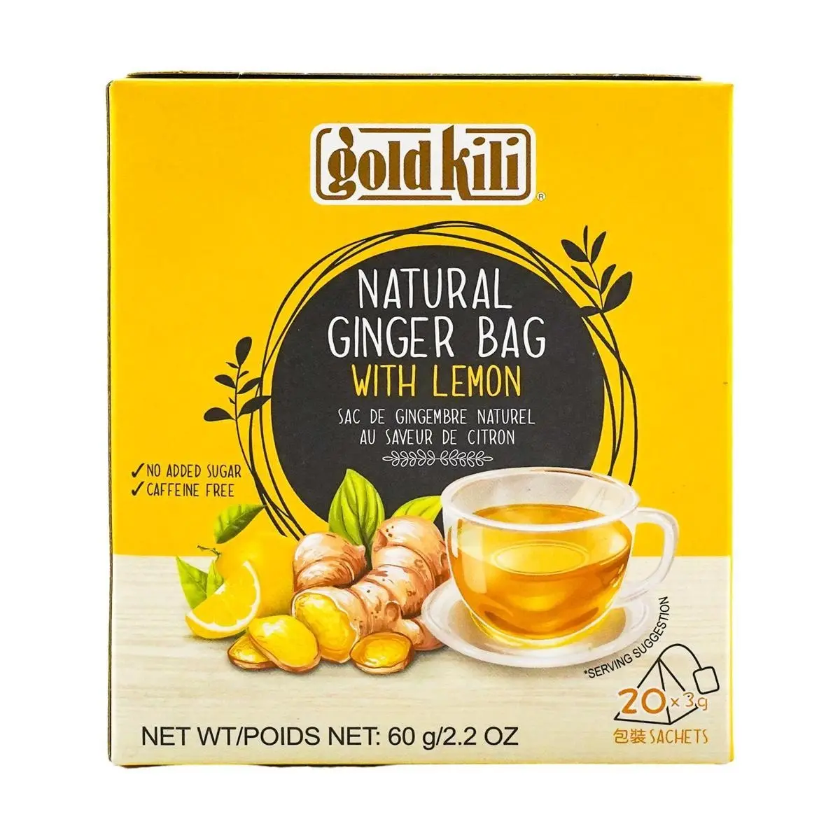 GOLDKILI Singapore Instant Lemon Ginger Tea Powder - 20 Sachets (60g) - Natural Warming Herbal Drink for Soothing Relief