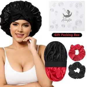 AWAYTR Reversible Satin Bonnet for Sleeping Women Double Layer Hair Bonnet  Elastic Tie Band Night Cap with 2PCS Hair Scrunchies