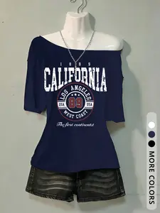 Vintage Street Style California Graphic Print Sexy Shoulderless Loose Casual T-Shirt for Women, Summer & Fall, Multiple Colors Available, Streetwear, Womenswear, Fit
