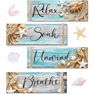 3/4 PCS Ocean Beach Wood Relax Soak Unwind Breathe Art Sign Hanging Wooden for Decor Living Room Laundry Spa Washroom Makeup