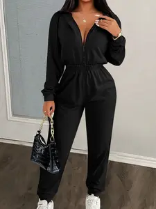 Women's Waist Cinched Slimming Hooded Casual Comfortable Lazy Style Long Sleeve Elastic Waist Stretchy Jumpsuit Set, Versatile and Stylish One-Piece