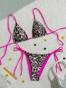 Women's Summer New Sexy Leopard Print Colorblock Halter Tie Beach Vacation Bikini Set, Two-Piece Swimsuit for Holiday