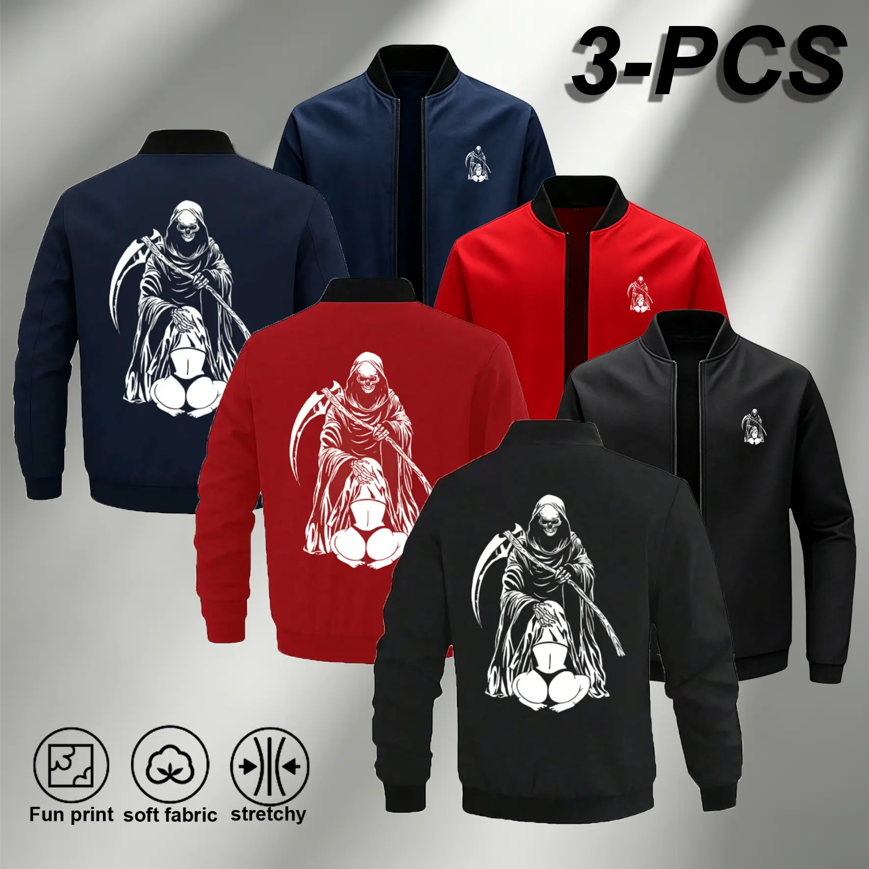 3PCS Fun Print Soft Fabric Stretchy Death Design Bomber Jacket for Men，biker streetwear lightweight windproof coat，mini chest big back skull graphic jacket,mens fall gothic layering bomber,scythe reaper graphic casual motorcycle jacket