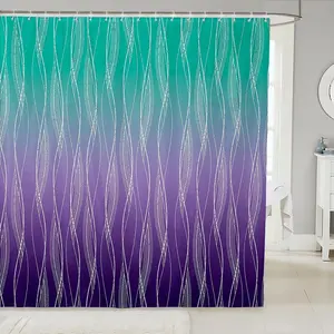 Ombre Bath Curtain, Teal Green Purple Shower Curtain,Abstract Gradient Geometric Bathroom Curtain, Modern Fashion Striped Bathroom Accessories