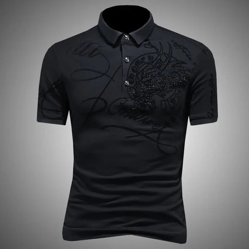 Slim Fit Polo Shirt for Men, Shortsleeve Top with Sequin Collar and Birdie Finger Graphic, Casual Summer Menswear