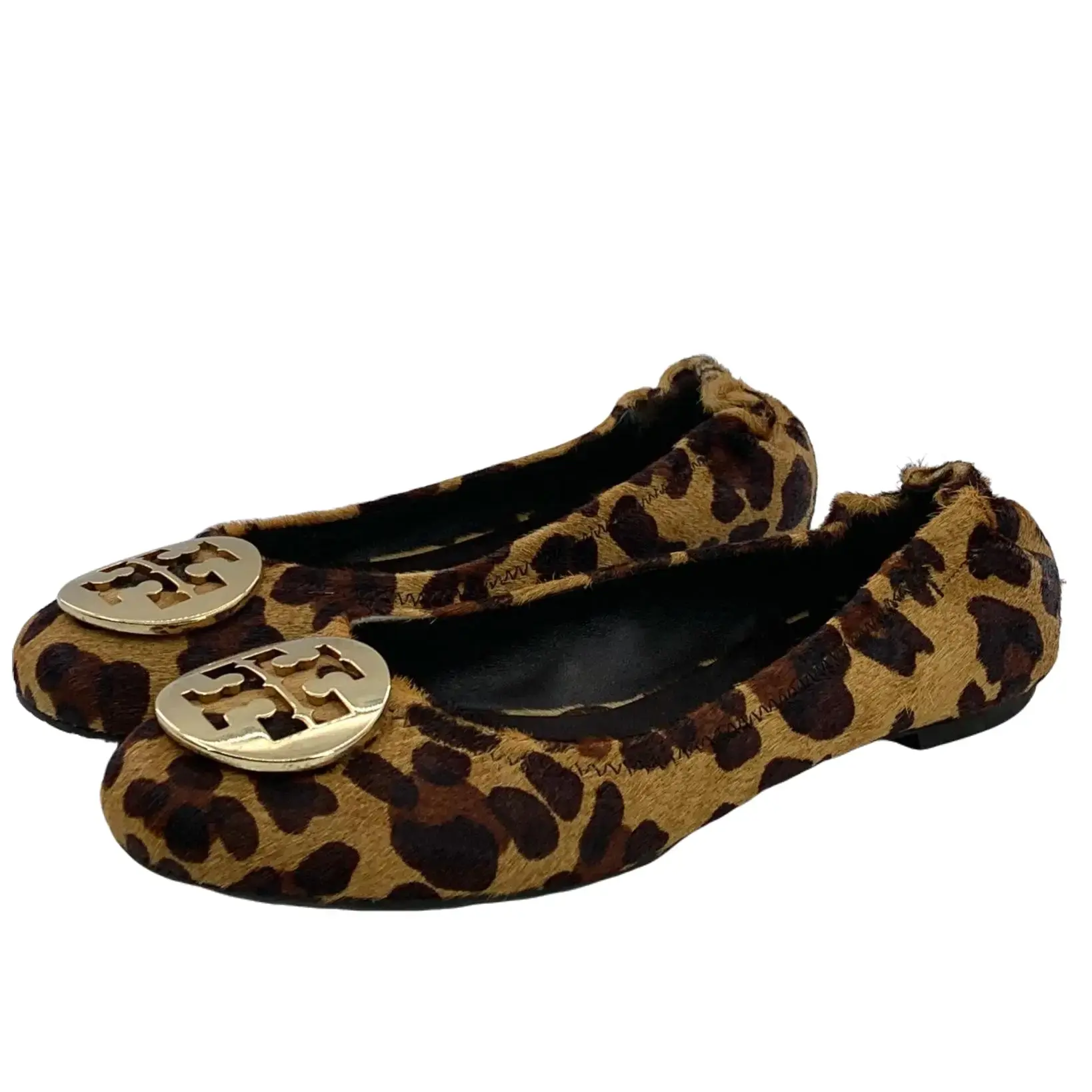 RDLT-Tory Burch Size 37.5 Dark Brown Gold Buckle Leopard Print Casual Flat Pumps-J37605