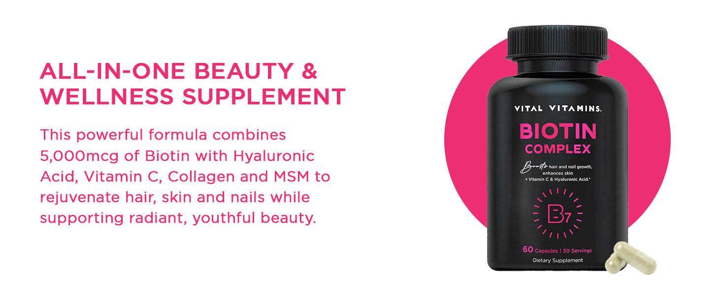Biotin Complex 5000mcg | Hair, Skin & Nail Vitamins with Collagen, Hyaluronic Acid, MSM & Vitamin C | Beauty Supplement for Women & Men | 60 Capsules Dietary Fitness