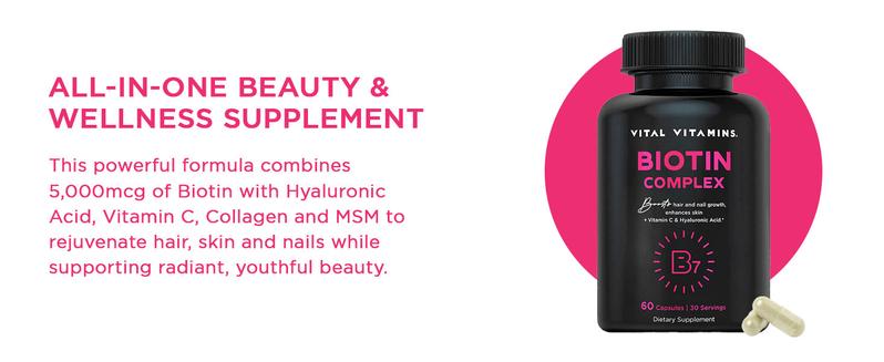 Biotin Complex 5000mcg | Hair, Skin & Nail Vitamins with Collagen, Hyaluronic Acid, MSM & Vitamin C | Beauty Supplement for Women & Men | 60 Capsules Dietary Fitness