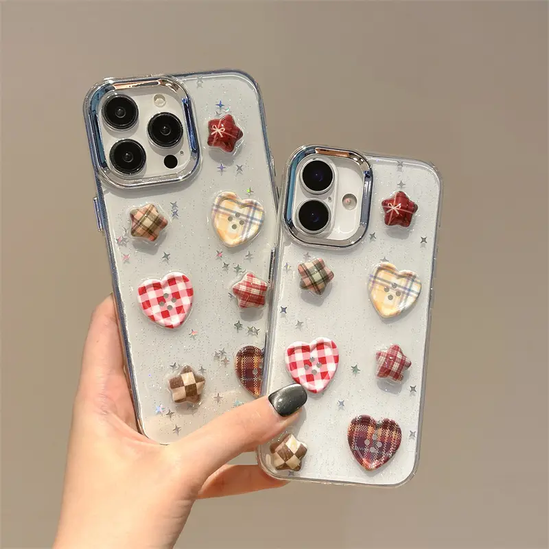 Metal ring frame transparent three-dimensional grid pattern heart-shaped button Protective phone case fr iPhone 11 12 13 14 15 16 pro max Cover