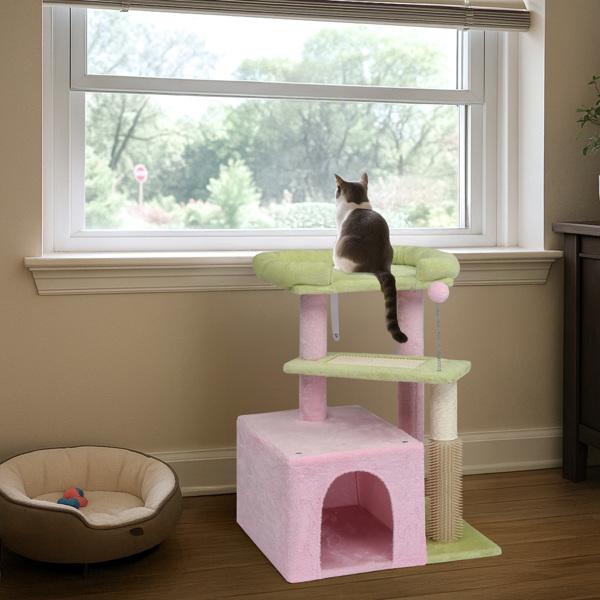 Cat Tree House And Towers For Big Feline Scratching Post Multi-Level Large Kitty Climbing Tower With Curved Perch Cozy Condo Padded Top Bed Kittens Indoor Cats Beige Green，Fashion Accessories Fabric Buddy