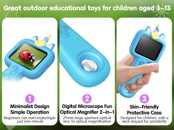 Kids Handheld Digital Microscope & Magnifying Glass, 2-in-1 Unicorn Pink Portable Science Toy for 3-12Y, 600X Zoom 200W HD IPS Screen, 8 Soft LED, Rechargeable 600mAh, Outdoor Nature Exploration & Observation Tool for Boys Girls, Educational Gift