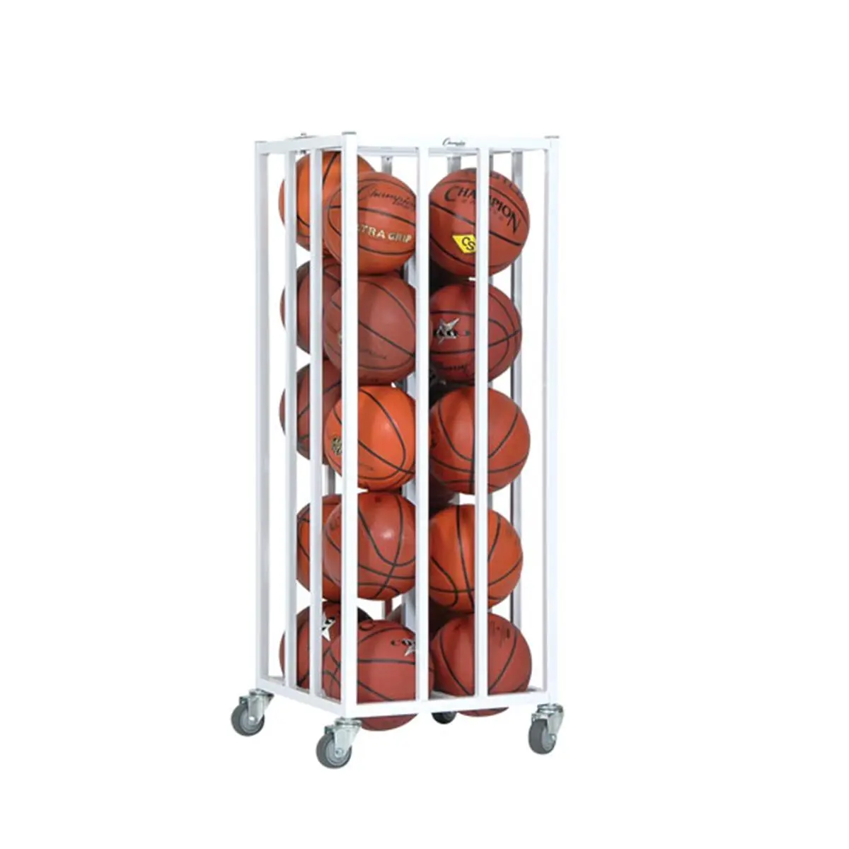 CHAMPION White Vertical Ball Cage - Portable Powder-Coated Metal Sports Organiser with Lockable Lid, Heavy-Duty Casters, Holds 20 Rubber Basketballs, Racks, Steel