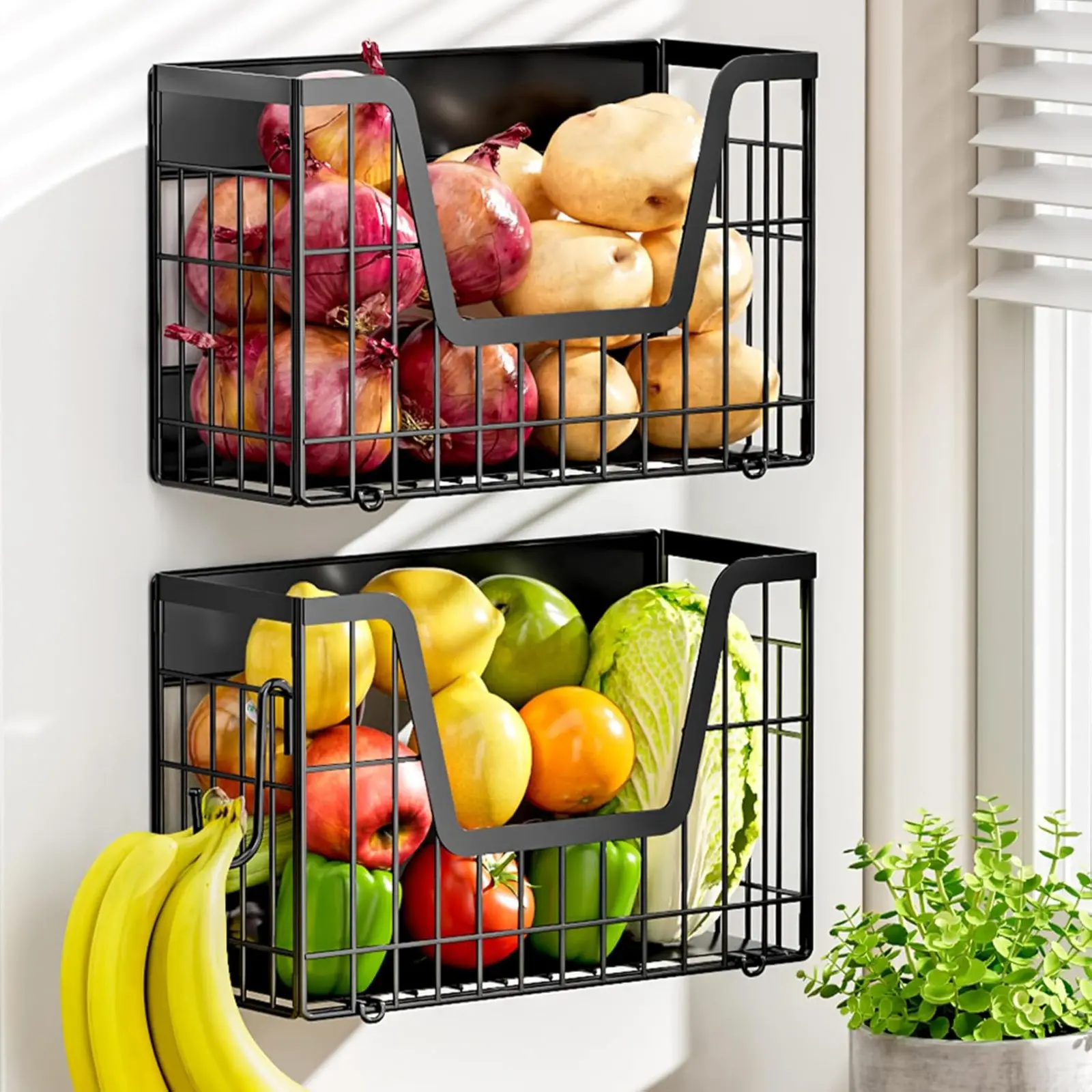 2-Set Iron U-Shaped Modern Magnetic Fridge Organizer Shelf - Fruit Bin, Potato & Onion Storage Bin, Spice & Snacks Holder for Refrigerator, Pantry