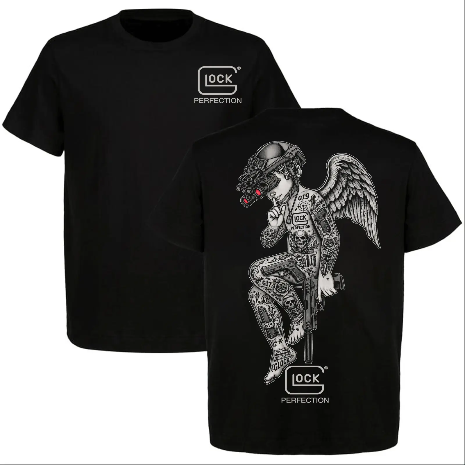 GLOCK Perfection T-Shirt, Tactical Angel Gun Graphic Tee, Men's 2nd Amendment Shirt, Vintage Tattooed Cherub Gun Lover Gift, Patriotic EDC USA Vintage