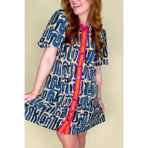 Beige Abstract Print Pleated Bubble Sleeve Mini Boho Dress