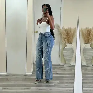 Retro Washed Denim Tassel Cross Hip Hop Straight Cropped Pants