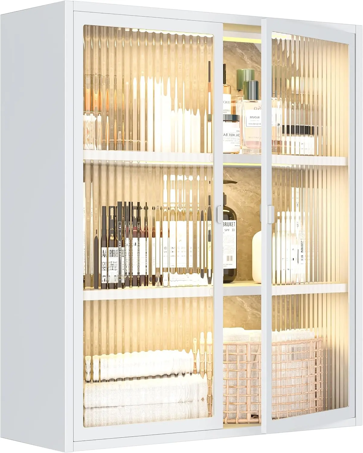 Bathroom Wall Cabinet, Medicine Cabinets with Glass Doors & LED Lights, Metal Wall Cabinet with 3-Tier Shelves for Bathroom Laundry Room Kitchen, White