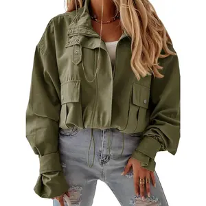 PASLTER Womens Cropped Bomber Jacket Long Sleeve Zip Up Casual Coats Loose Fit Outerwear with Pockets M8M491