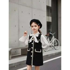 Girls' Tweed Dress with Pearl Buttons & Bowknots - Beige & Black Spliced Collar Blazer-like Jacket Dress, Long Sleeve A-Line Knee-Length Dress for Parties, Weddings, Casual Attire - Machine Washable Tweed Outfit, October Dress For Girls, Winter Party Dres